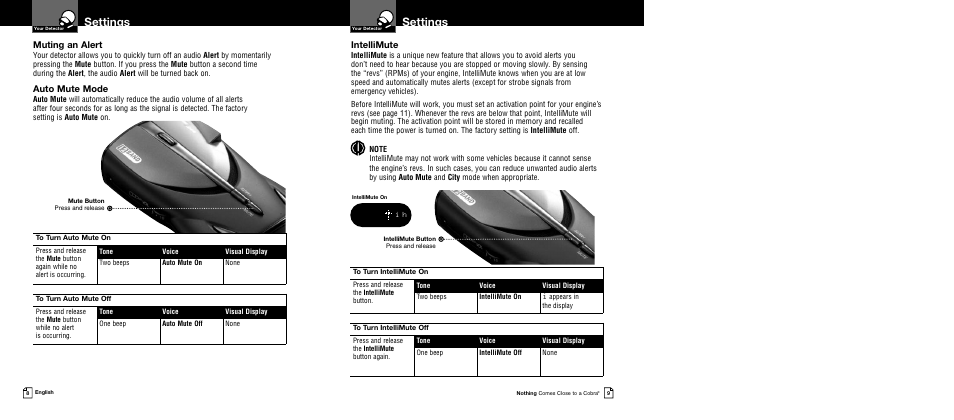 Settings, Muting an alert, Auto mute mode | Intellimute | Cobra Electronics XRS 9540 User Manual | Page 7 / 15