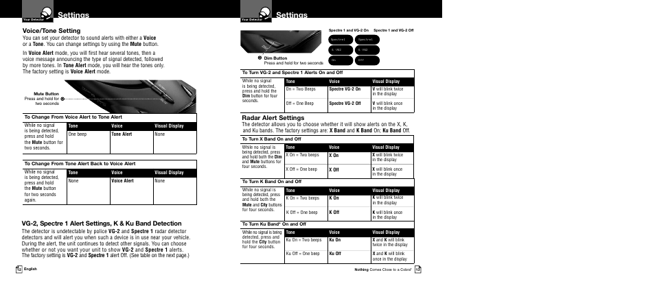 Settings, Voice/tone setting, Radar alert settings | Cobra Electronics XRS 9540 User Manual | Page 9 / 15