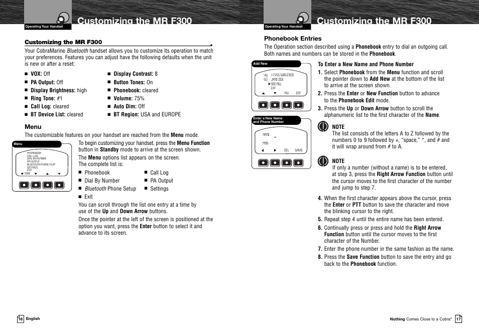 Customizing the mr f300, Phonebook entries, Menu | Cobra Electronics MR F300BT User Manual | Page 11 / 15