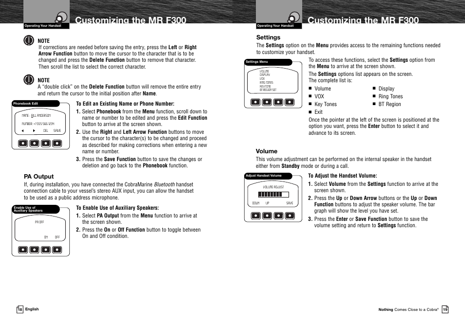 Customizing the mr f300, Settings, Pa output | Volume | Cobra Electronics MR F300BT User Manual | Page 12 / 15