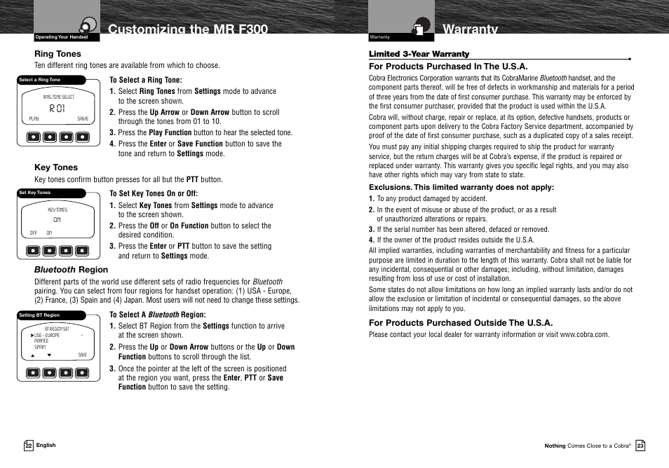 Warranty, Customizing the mr f300, R 01 | Ring tones, Key tones, Bluetooth region, For products purchased in the u.s.a, For products purchased outside the u.s.a | Cobra Electronics MR F300BT User Manual | Page 14 / 15