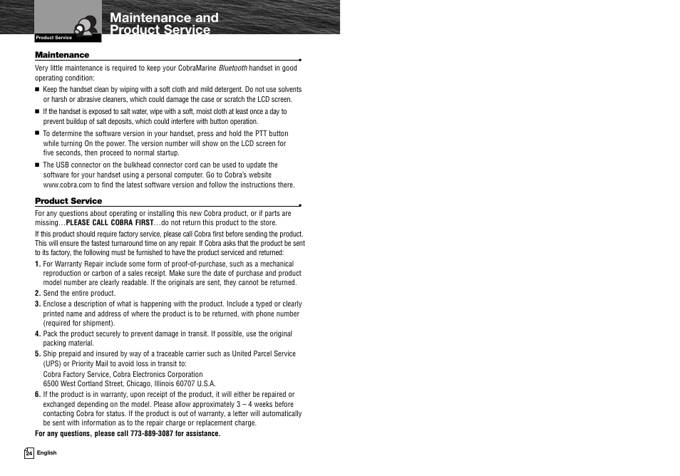Maintenance and product service | Cobra Electronics MR F300BT User Manual | Page 15 / 15