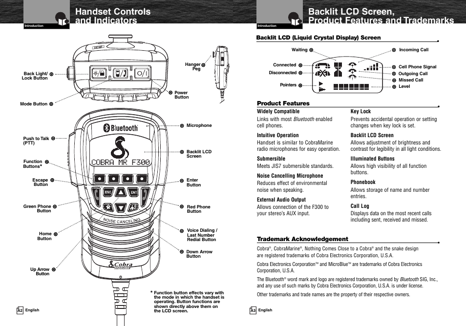 Handset controls and indicators | Cobra Electronics MR F300BT User Manual | Page 2 / 15