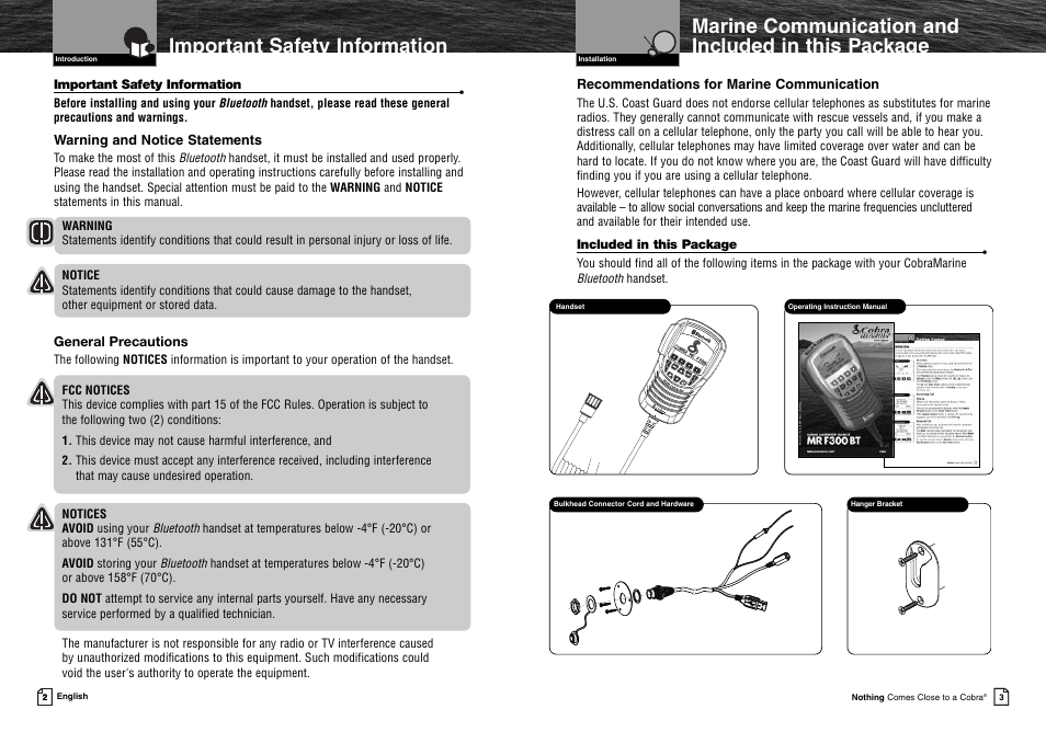 Important safety information, Marine communication and included in this package, Warning and notice statements | General precautions, Recommendations for marine communication | Cobra Electronics MR F300BT User Manual | Page 4 / 15
