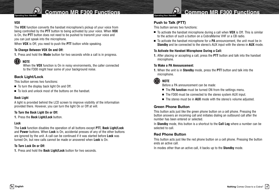 Common mr f300 functions, Push to talk (ptt), Green phone button | Red phone button, Back light/lock | Cobra Electronics MR F300BT User Manual | Page 7 / 15