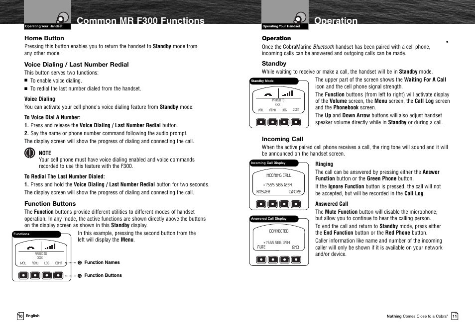 Common mr f300 functions, Operation, Home button | Voice dialing / last number redial, Function buttons, Standby, Incoming call | Cobra Electronics MR F300BT User Manual | Page 8 / 15
