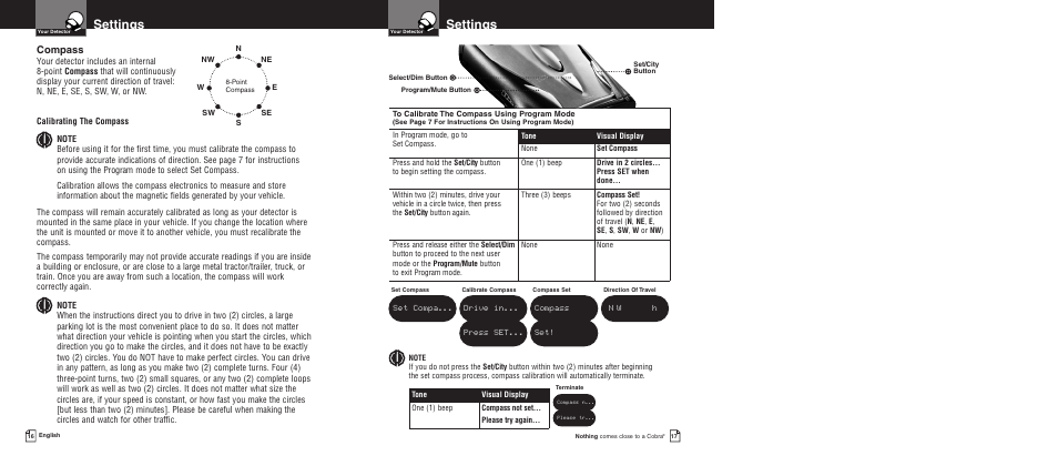 Settings, Compass | Cobra Electronics Pro 9680 User Manual | Page 11 / 22