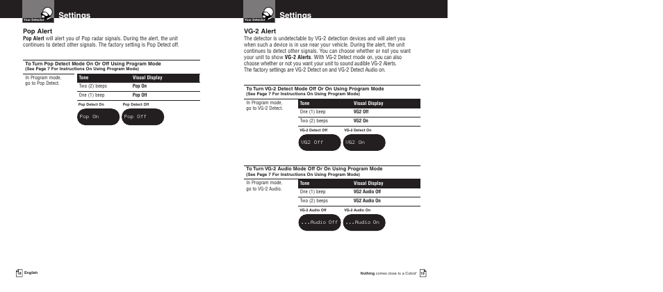 Settings, Pop alert, Vg-2 alert | Cobra Electronics Pro 9680 User Manual | Page 12 / 22