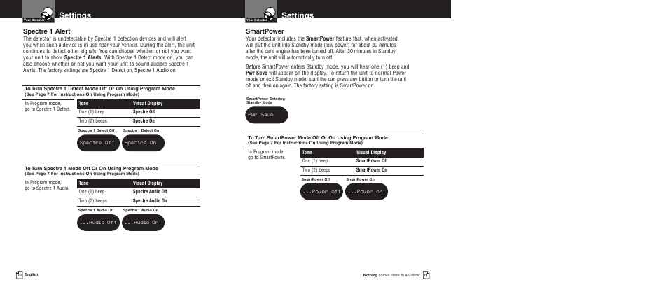 Settings, Spectre 1 alert, Smartpower | Cobra Electronics Pro 9680 User Manual | Page 13 / 22