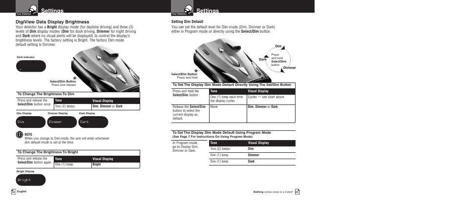 Settings, Digiview data display brightness | Cobra Electronics Pro 9680 User Manual | Page 14 / 22