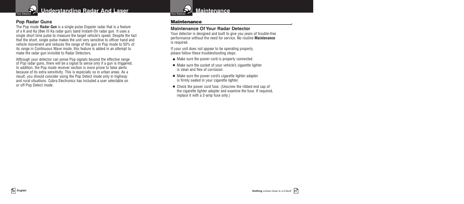 Understanding radar and laser, Maintenance, Pop radar guns | Maintenance of your radar detector | Cobra Electronics Pro 9680 User Manual | Page 18 / 22