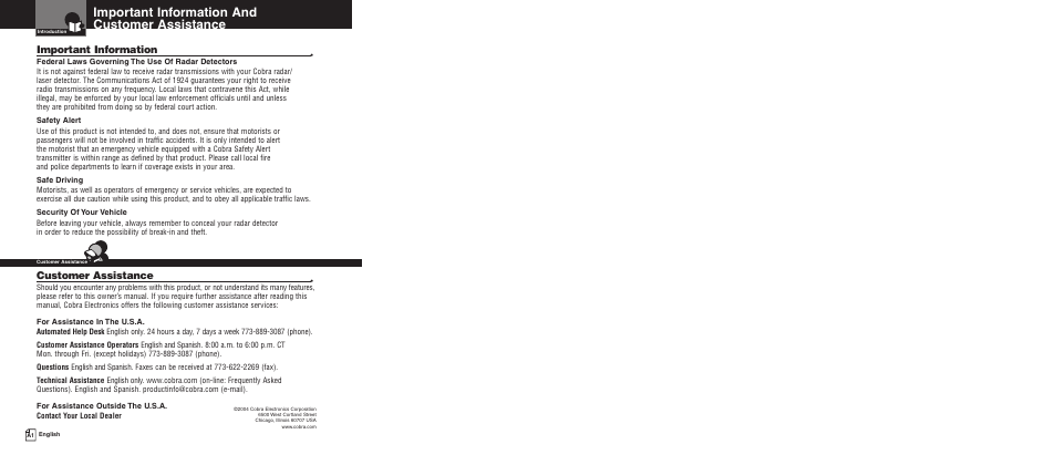 Important information and customer assistance, Important information, Customer assistance | Cobra Electronics Pro 9680 User Manual | Page 2 / 22