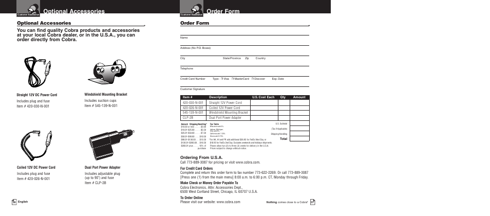 Order form, Optional accessories, Ordering from u.s.a | Cobra Electronics Pro 9680 User Manual | Page 21 / 22