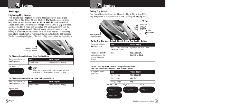 Settings, Highway/city mode | Cobra Electronics Pro 9680 User Manual | Page 8 / 22