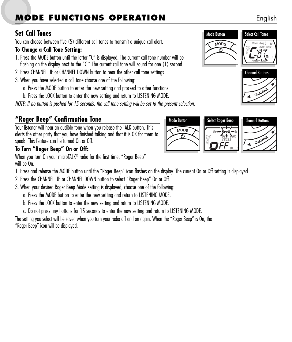 Mode functions operation, Set call tones, Roger beep” confirmation tone | Cobra Electronics microTALK 650 User Manual | Page 11 / 12