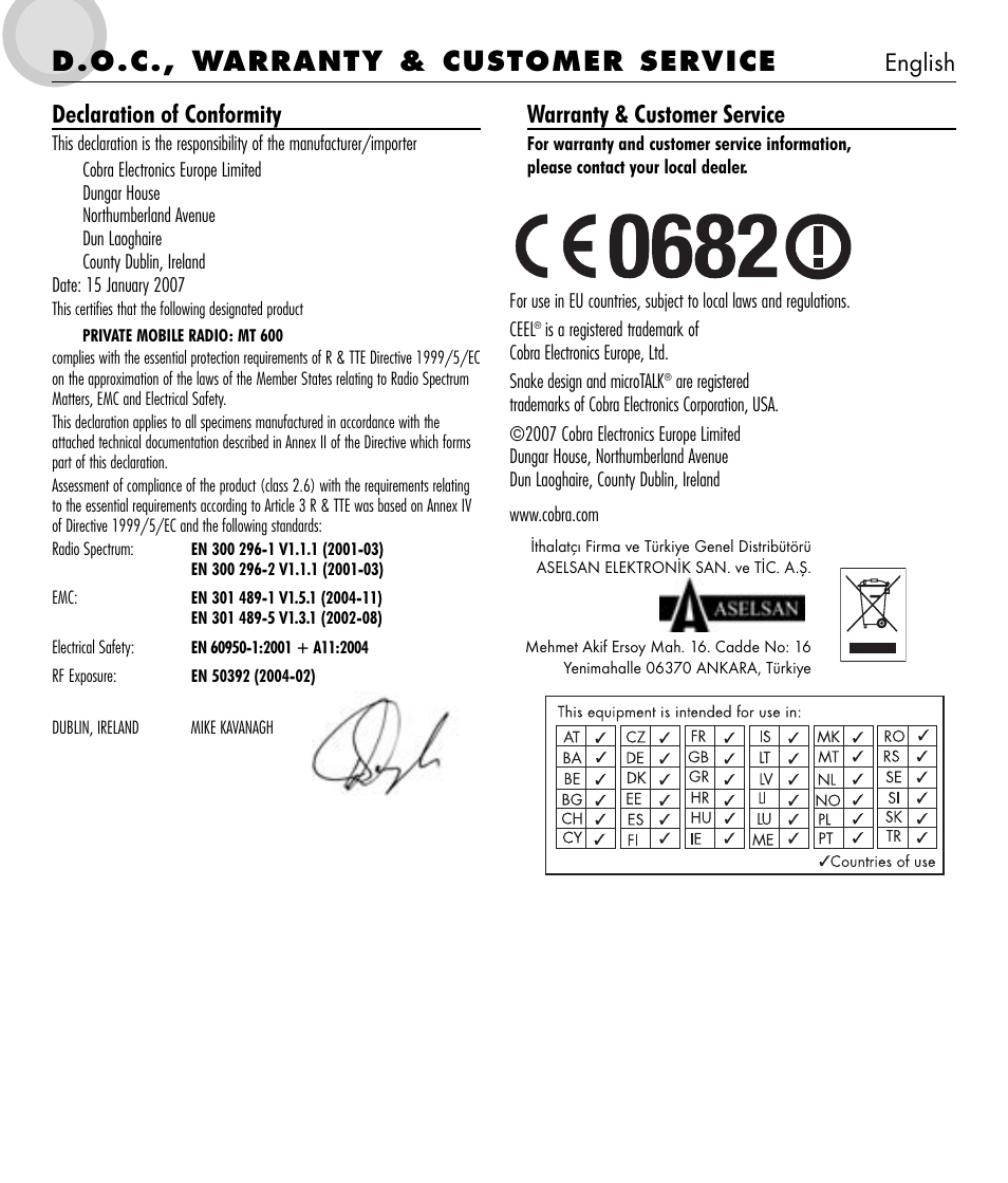 D.o.c., warranty & customer service, Declaration of conformity, Warranty & customer service | English | Cobra Electronics microTALK 650 User Manual | Page 12 / 12