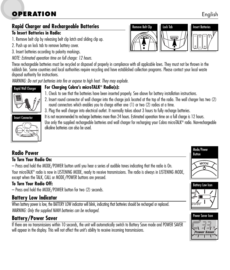 Operation, Rapid charger and rechargeable batteries, Radio power | Battery low indicator, Battery/power saver | Cobra Electronics microTALK 650 User Manual | Page 3 / 12