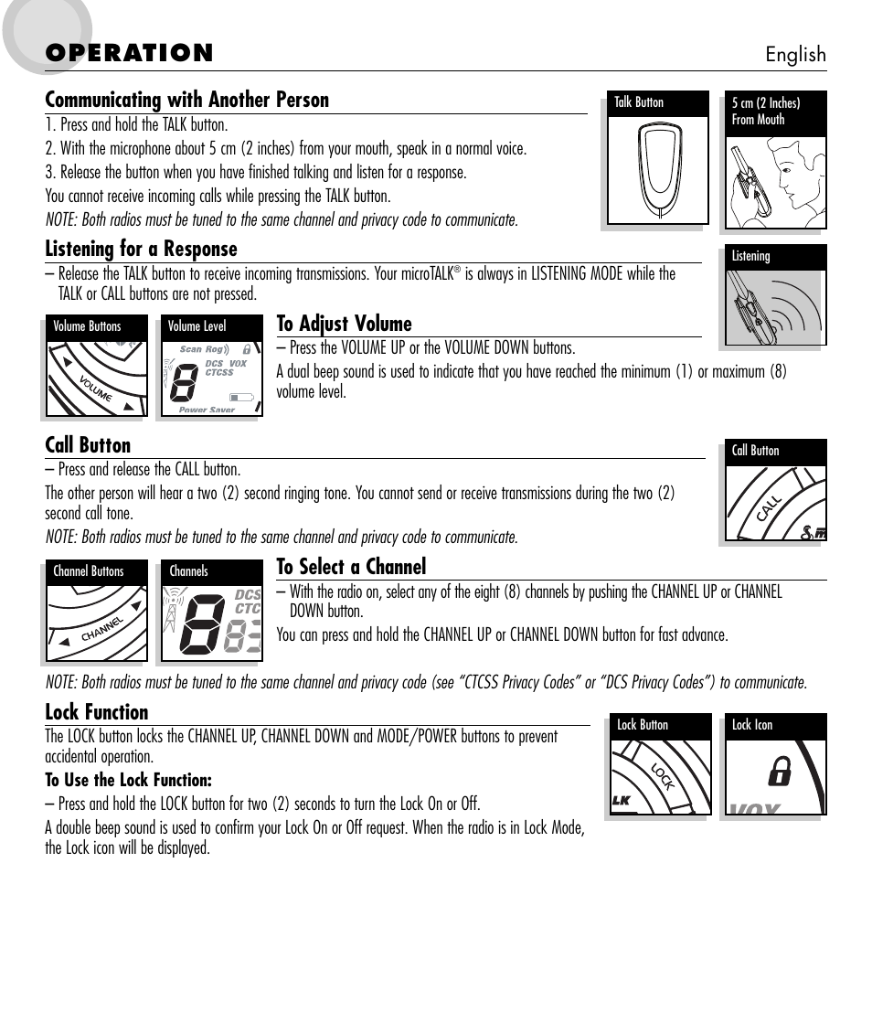 Operation, Communicating with another person, Listening for a response | Call button, Lock function | Cobra Electronics microTALK 650 User Manual | Page 4 / 12