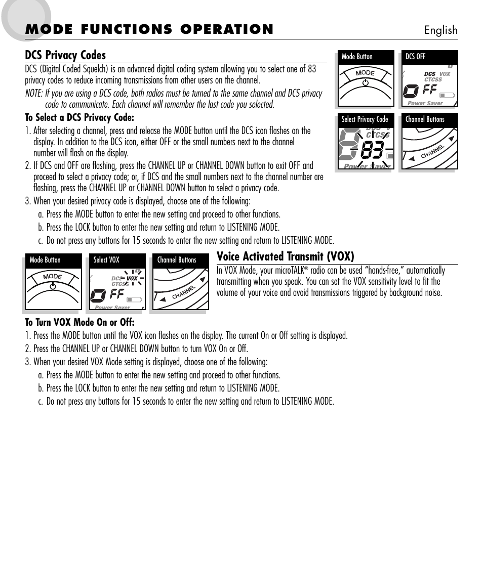Mode functions operation, Dcs privacy codes, Voice activated transmit (vox) | Cobra Electronics microTALK 650 User Manual | Page 7 / 12