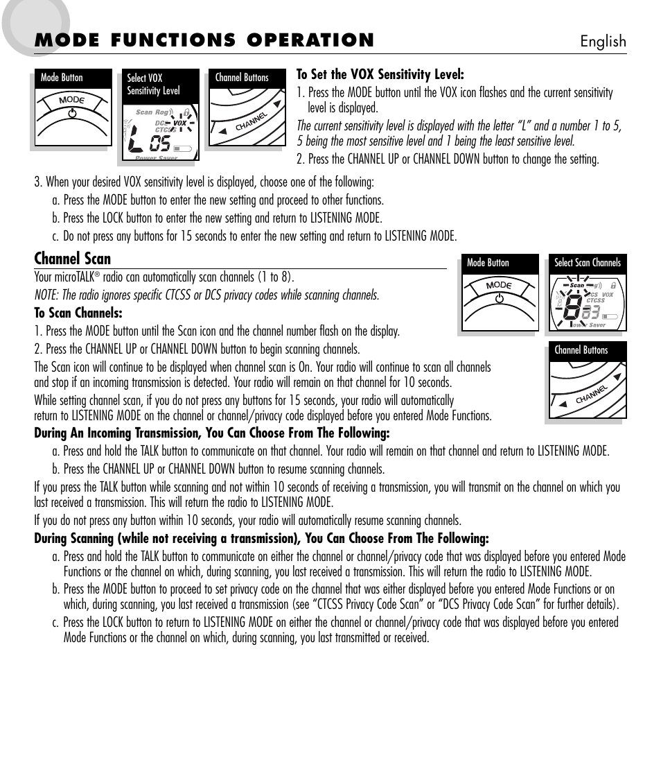 Mode functions operation, Channel scan | Cobra Electronics microTALK 650 User Manual | Page 8 / 12