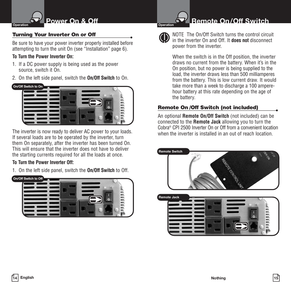 Power on & off, Remote on /off switch | Cobra Electronics CPI-2500 User Manual | Page 10 / 14