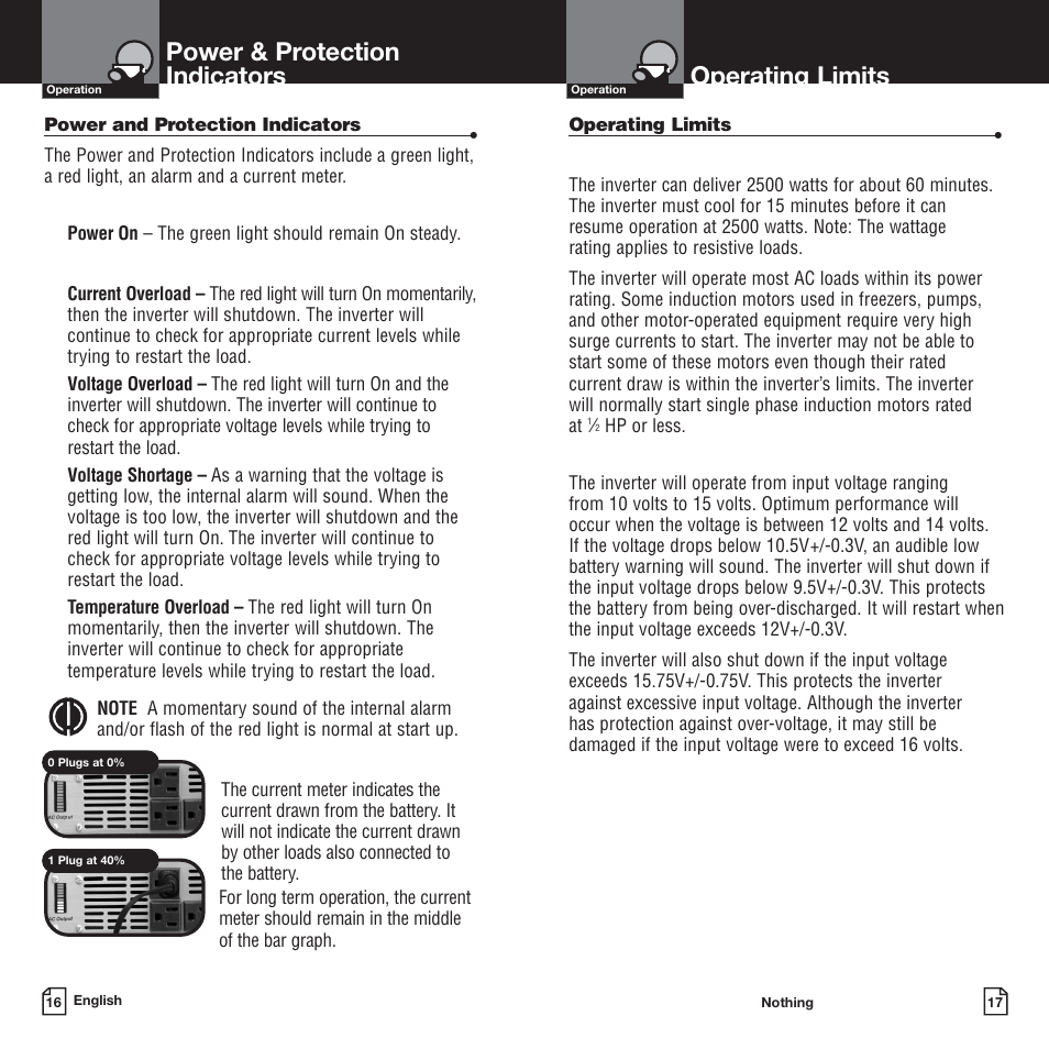Power & protection indicators, Operating limits | Cobra Electronics CPI-2500 User Manual | Page 11 / 14