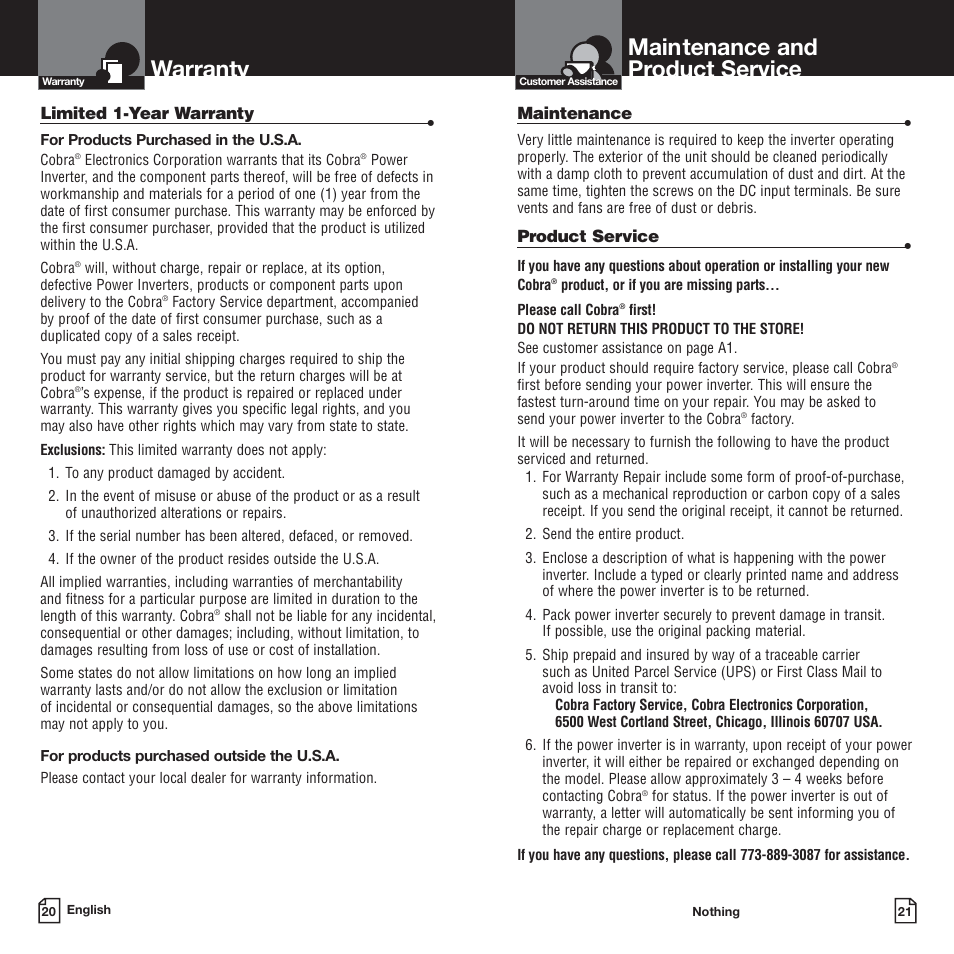 Maintenance and product service, Warranty | Cobra Electronics CPI-2500 User Manual | Page 13 / 14