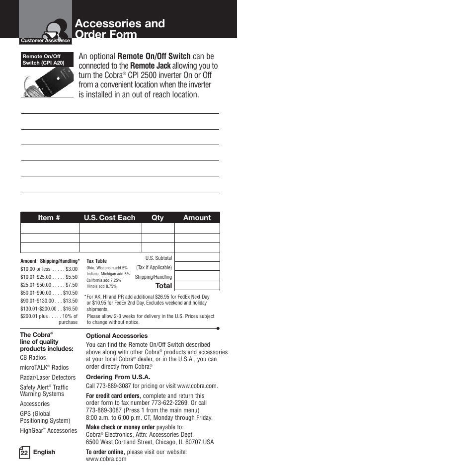 Accessories and order form | Cobra Electronics CPI-2500 User Manual | Page 14 / 14
