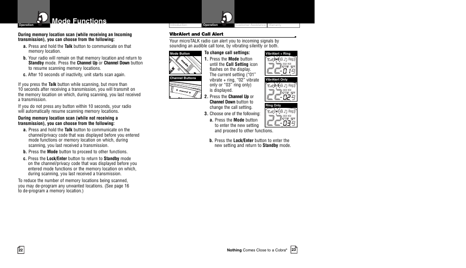 Mode functions | Cobra Electronics CXR700 User Manual | Page 14 / 17