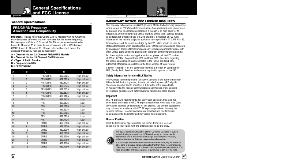 General specifications and fcc license | Cobra Electronics CXR700 User Manual | Page 16 / 17