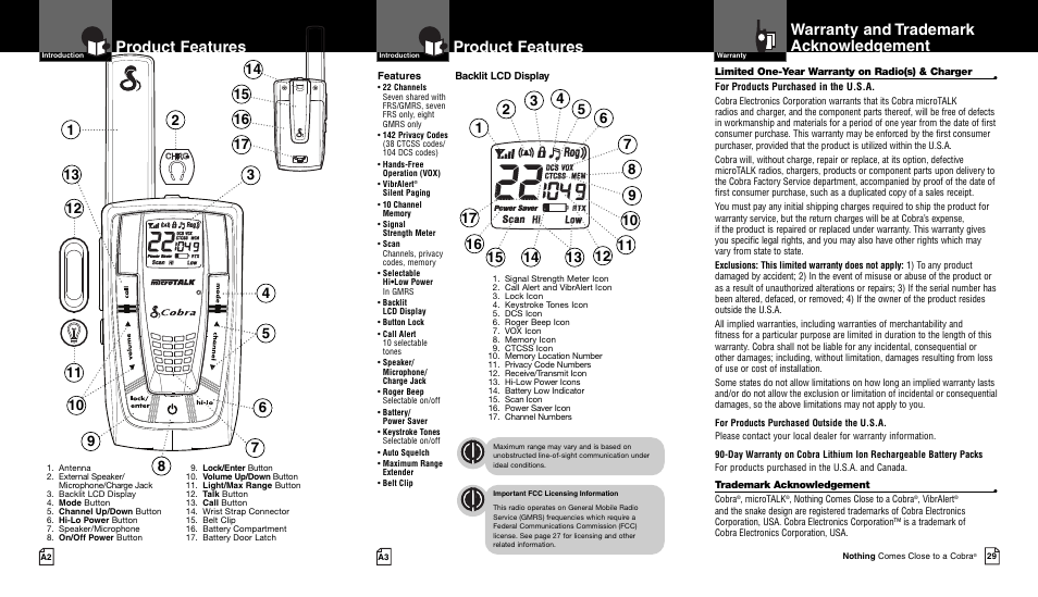 Product features, Warranty and trademark acknowledgement | Cobra Electronics CXR700 User Manual | Page 2 / 17