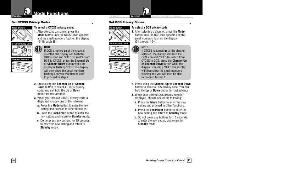 Mode functions | Cobra Electronics CXR700 User Manual | Page 8 / 17