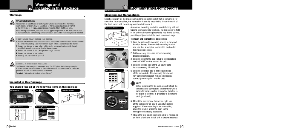 Mounting and connections, Warnings and included in this package, Warnings | Cobra Electronics 19 Ultra III User Manual | Page 4 / 11