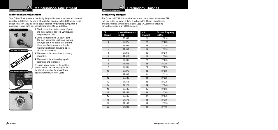 Frequency ranges, Maintenance/adjustment | Cobra Electronics 19 Ultra III User Manual | Page 8 / 11