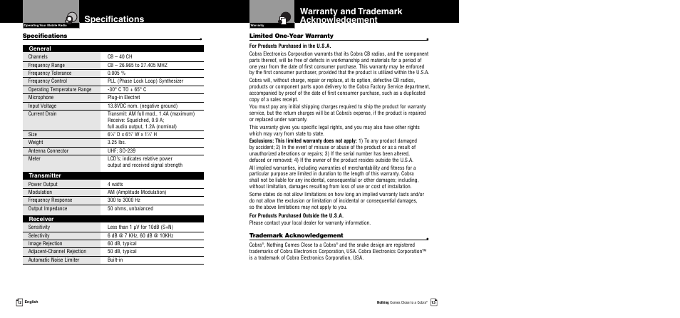 Specifications, Warranty and trademark acknowledgement | Cobra Electronics 19 Ultra III User Manual | Page 9 / 11