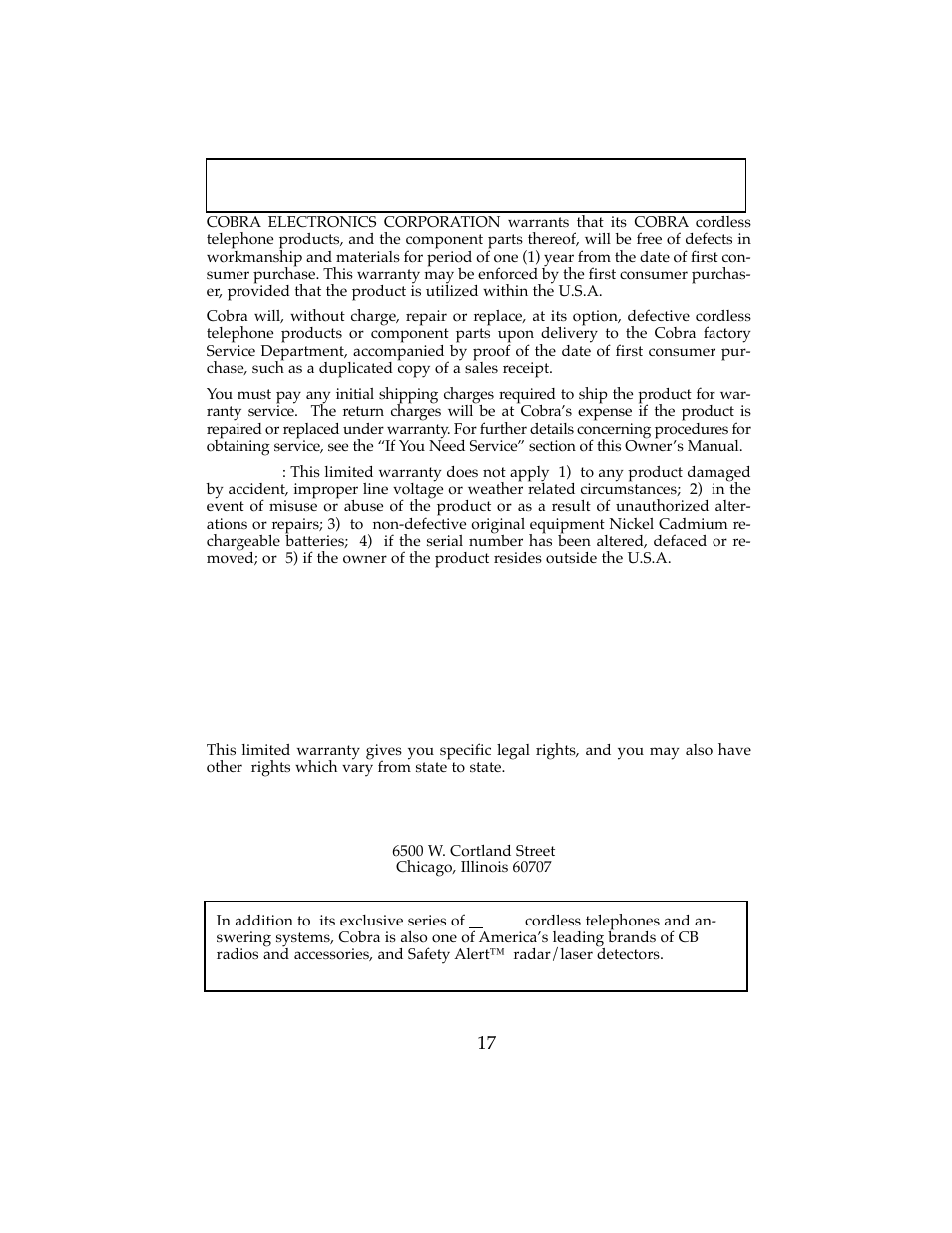 Limited one-year warranty | Cobra Electronics CP-2507 User Manual | Page 18 / 20