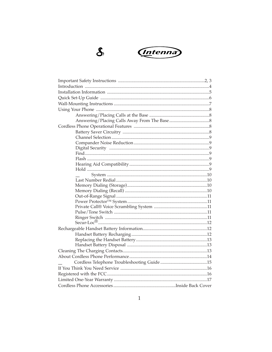 Cobra, Cordless telephone model cp-2507 table of contents | Cobra Electronics CP-2507 User Manual | Page 2 / 20