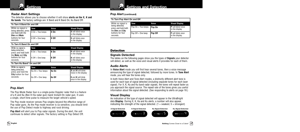 Settings and detection, Settings, Detection | Signals detected, Audio alerts, Visual display, Radar alert settings, Pop alert | Cobra Electronics XRS 9445 User Manual | Page 10 / 15