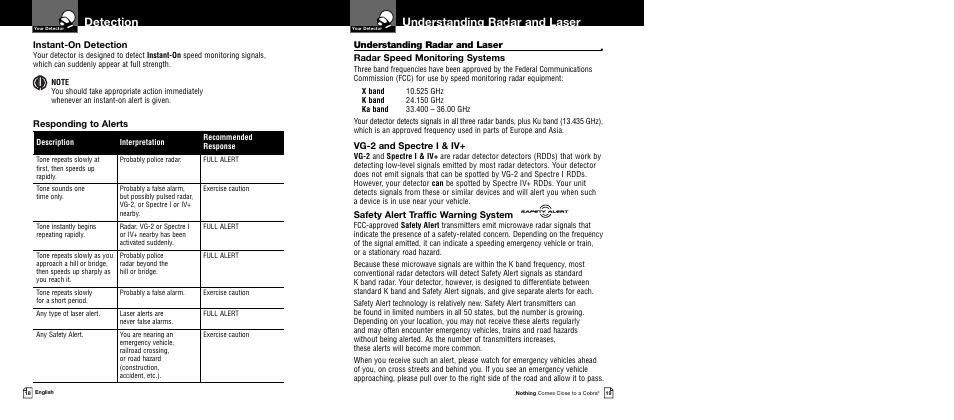 Understanding radar and laser, Detection, Radar speed monitoring systems | Vg-2 and spectre i & iv, Safety alert traffic warning system, Responding to alerts instant-on detection | Cobra Electronics XRS 9445 User Manual | Page 12 / 15