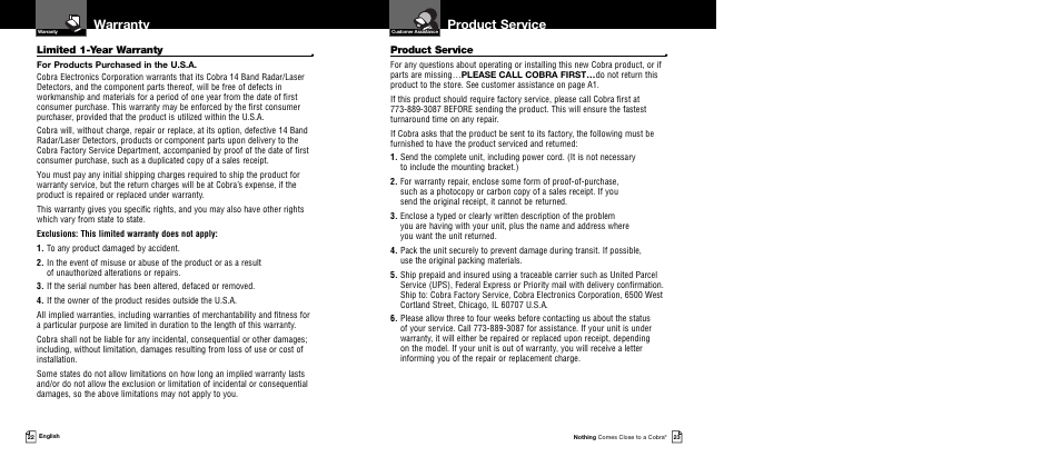 Product service, Warranty, Limited 1-year warranty | Cobra Electronics XRS 9445 User Manual | Page 14 / 15
