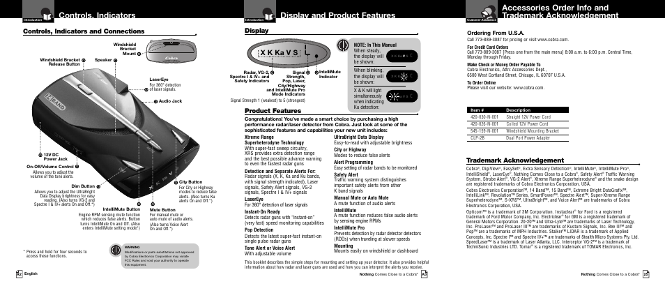 Display and product features, Controls, indicators and connections, X k ka v s | Display, Product features, Trademark acknowledgement, Ordering from u.s.a | Cobra Electronics XRS 9445 User Manual | Page 2 / 15