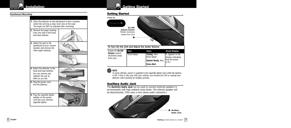 Getting started, Installation, Auxiliary audio jack | X k ka v s | Cobra Electronics XRS 9445 User Manual | Page 5 / 15
