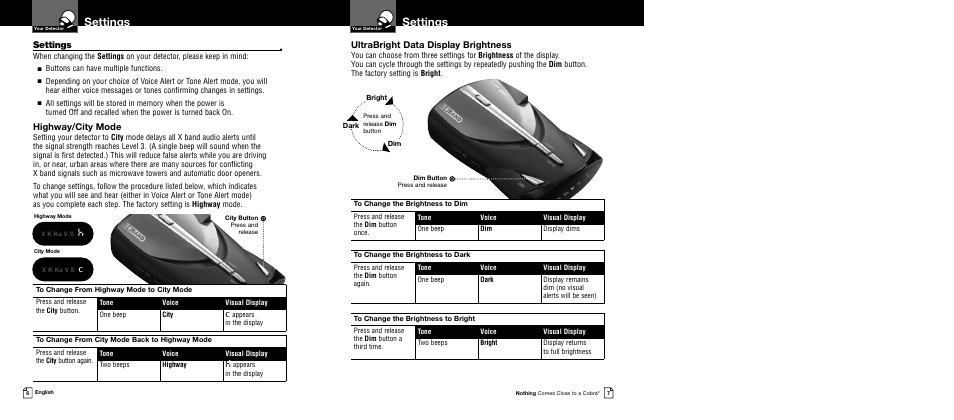 Settings, Ultrabright data display brightness, Highway/city mode | Cobra Electronics XRS 9445 User Manual | Page 6 / 15