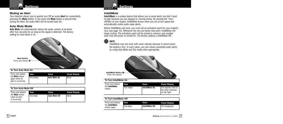 Settings, Muting an alert, Auto mute mode | Intellimute | Cobra Electronics XRS 9445 User Manual | Page 7 / 15