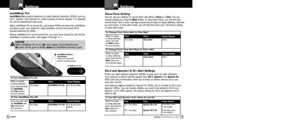 Settings, Voice/tone setting, Vg-2 and spectre i & iv+ alert settings | Intellimute pro | Cobra Electronics XRS 9445 User Manual | Page 9 / 15