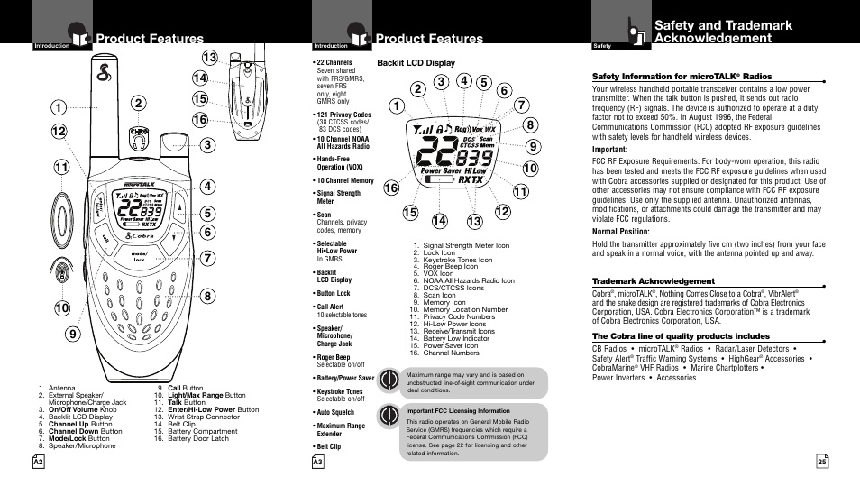 Product features, Safety and trademark acknowledgement | Cobra Electronics CXT400 User Manual | Page 2 / 15