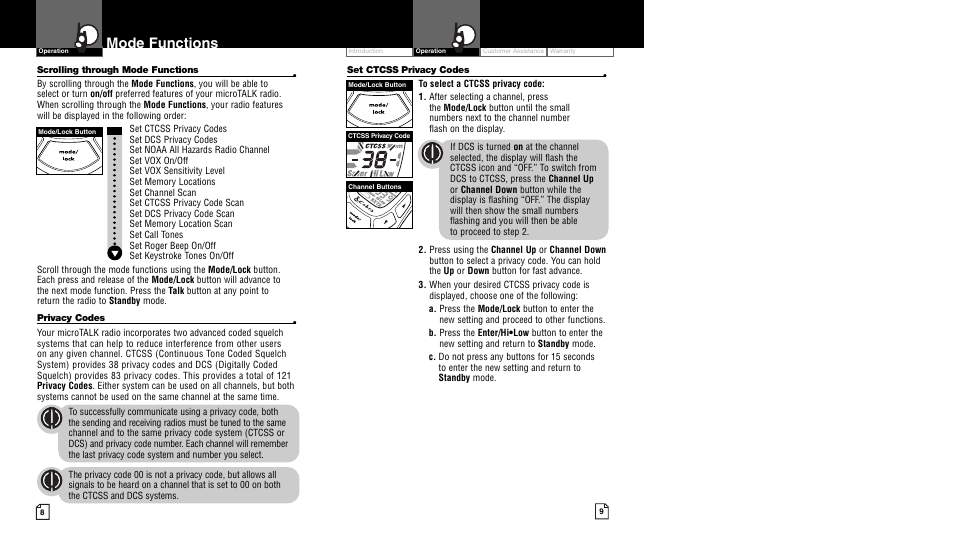 Mode functions | Cobra Electronics CXT400 User Manual | Page 7 / 15