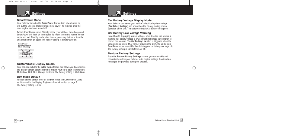 Settings | Cobra Electronics XRS 9930 User Manual | Page 12 / 21