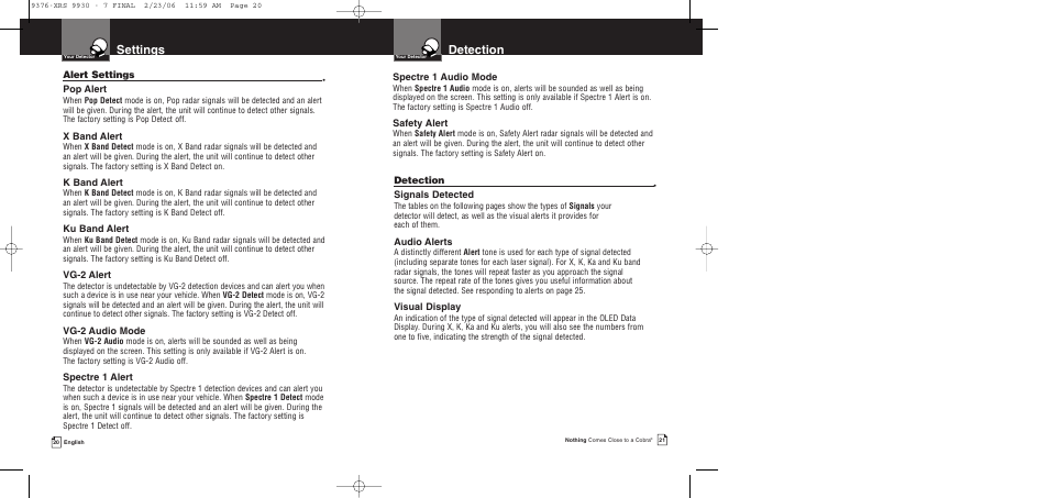Detection, Settings | Cobra Electronics XRS 9930 User Manual | Page 13 / 21