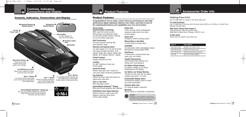 Controls, indicators, connections and display, Product features, Accessories order info | Cobra Electronics XRS 9930 User Manual | Page 2 / 21